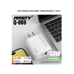 Cốc sạc nhanh điện thoại Type C Ansty Q-074 33W, màu trắng, chuẩn US