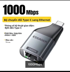 Essager Đầu đổi Type C sang Mạng Lan RJ45 Essager 100/1000Mbps Gigabit tùy chọn phân loại