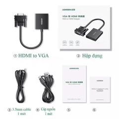 Cáp chuyển VGA sang HDMI Ugreenc CM513 50945 màu đen dài 25cm gắn từ máy tính,đầu ghi cổng Vga sang màn hình cổng HDMI