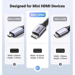 Cáp nối Mini HDMI sang HDMI 2.1 Ugreen HD163 15515 dài 2mhỗ trợ 8K@60Hz 4K@144Hz 48Gbps đen xám