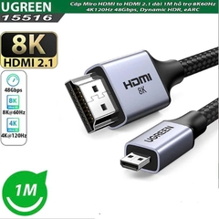 Cáp nối Micro HDMI sang HDMI 2.1 Ugreen 15516 dài 1m hỗ trợ 8K@60Hz 4K@144Hz 48Gbps đen xám