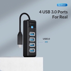 Bộ chia Type C sang 4 cổng USB 3.0 Orico PW4U-C3 dài 15cm 50cm 100cm tùy chọn vỏ nhựa  màu đen