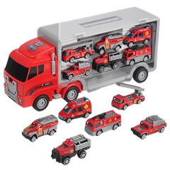 Mô hình xe container chở 6 xe hợp kim cứu hỏa cho bé_818