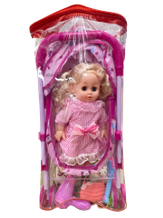 Mô hình búp bê váy caro hồng, xe đẩy và phụ kiện