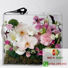 Hộp mica trong có quai xách- Hộp vali mica cắm hoa tươi- Sen đá- hoa lan
