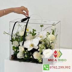 Hộp mica trong có quai xách- Hộp vali mica cắm hoa tươi- Sen đá- hoa lan