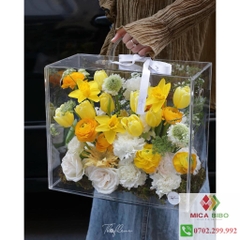 Hộp hoa mica - Hộp vali đựng quà - Hộp mica trong suốt có quai xách