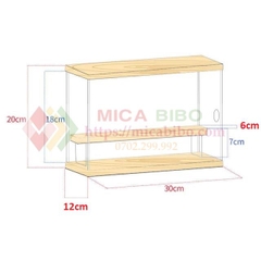 Hộp mica kèm kệ gỗ trưng bày sản phẩm, nhiều tầng