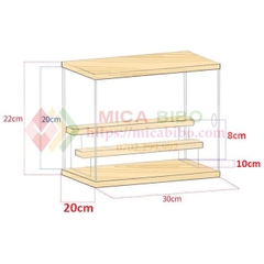 Hộp mica kèm kệ gỗ trưng bày sản phẩm, nhiều tầng
