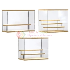 Hộp mica kèm kệ gỗ trưng bày sản phẩm, nhiều tầng