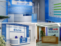 BACKDROP QUẦY LỄ TÂN GẮN LOGO MICA ĐẸP, THANH LỊCH