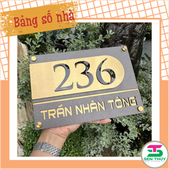 Bảng số nhà - Nền Inox 304 vàng xước + Mica ghi sần - Nội dung mica đen cao cấp