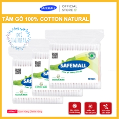 [Bán chạy] Gói 100 Que Tăm Bông Ngoáy Tai Thân Gỗ SAFEMALL 100% Natural - Bông Gòn Mềm Mại Thân Thiện Môi Trường