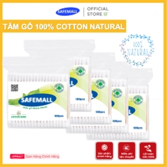 [Bán chạy] Gói 100 Que Tăm Bông Ngoáy Tai Thân Gỗ SAFEMALL 100% Natural - Bông Gòn Mềm Mại Thân Thiện Môi Trường