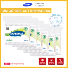 [Bán chạy] Gói 100 Que Tăm Bông Ngoáy Tai Thân Gỗ SAFEMALL 100% Natural - Bông Gòn Mềm Mại Thân Thiện Môi Trường