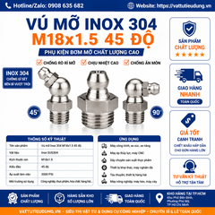 Vú Mỡ Inox 304 M18x1.5 45 Độ