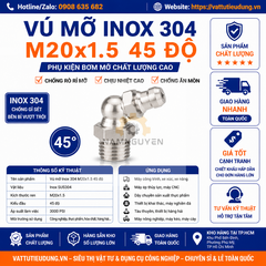 Vú Mỡ Inox 304 M20x1.5 45 Độ