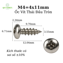 Ốc vít Thái M4x11mm ren xoắn đầu Tròn dài 11mm - 100 Con
