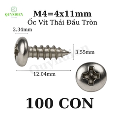Ốc vít Thái M4x11mm ren xoắn đầu Tròn dài 11mm - 100 Con