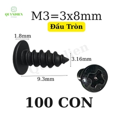 Ốc vít nhọn M3x8mm đầu Tròn dài 8mm - Túi 100 Con