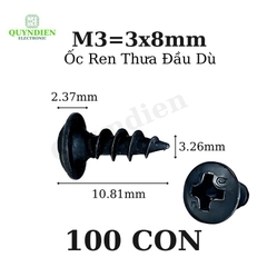 Ốc Vít nhọn M3x8mm Đầu Dù Ren Thưa - 100 Con
