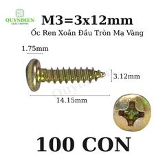 Ốc Vít Nhọn M3x12mm Đầu Tròn Ren Xoắn Mạ Vàng - 100 Con