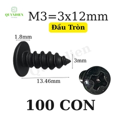 Ốc vít nhọn M3x12mm đầu Tròn dài 12mm - Túi 100 Con