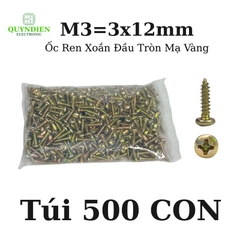 Ốc Vít Nhọn M3x12mm Đầu Tròn Ren Xoắn Mạ Vàng - 500 Con