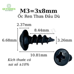 Ốc Vít nhọn M3x8mm Đầu Dù Ren Thưa - 100 Con