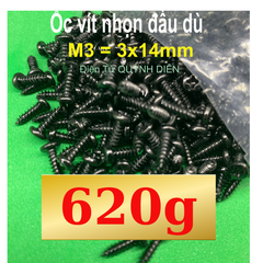 Ốc vít đầu dù nhọn răng xoắn 3mm dài 14mm ĐEN một túi 620gram khoản 950 con