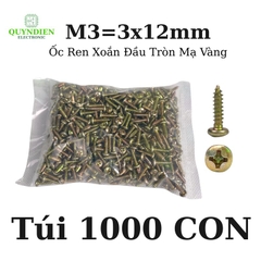 Ốc Vít Nhọn M3x12mm Đầu Tròn Ren Xoắn Mạ Vàng - 1.000 Con