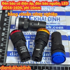 Đèn báo điện áp nguồn LED AD16-16DS phi 16mm điện áp 12V 24V AC/DC 220Vac 380VAC màu đỏ lá dương vàng trắng kde6209