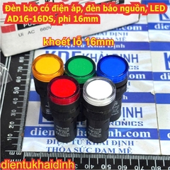 Đèn báo điện áp nguồn LED AD16-16DS phi 16mm điện áp 12V 24V AC/DC 220Vac 380VAC màu đỏ lá dương vàng trắng kde6209