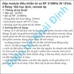 Hộp module điều khiển từ xa RF 315MHz IN 12Vdc 4 Relay 10A học lệnh, remote 4p nhiều chế độ kde2880