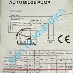 Máy bơm nước biển thoát nước đáy tàu thủy 24Vdc 1.6A auto bilge pump SFBP2 750GPH kde4239