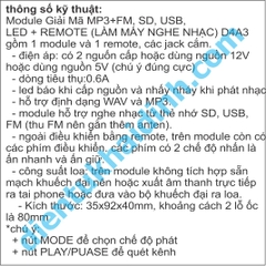 Module Giải Mã MP3+FM, MicroSD, USB OUT: 2x3W + REMOTE (LÀM MÁY NGHE NHẠC) D4A4-2 kde4332