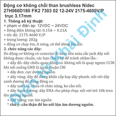 Động cơ không chổi than brushless Nidec 27H060D180 FK2 7303 02 12-24V 2175-4600V/P trục 3.17mm kde5784