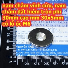 nam châm vĩnh cửu, nam châm đất hiếm tròn phi 30mm cao mm 30x5mm có lỗ ốc M6 kde7611