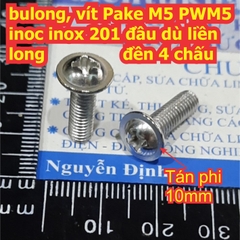 bulong bu lông vít Pake M5 PWM5 inoc inox 201 đầu dù liền long đền, 4 chấu M5 dài 6mm ~ 30mm kde7697