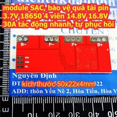module SẠC, bảo vệ quá tải pin 3.7V 18650 4 viên 4S 14.8V 16.8V 30A tác động nhanh, tự phục hồi kde8148