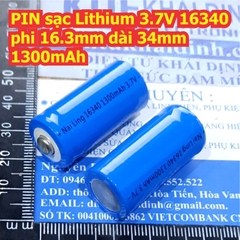 PIN sạc Lithium 3.7V 16340 phi 16.3mm dài 34mm 1300mAh kde8515