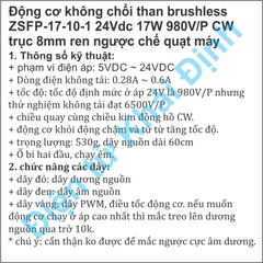 Động cơ không chổi than ZSFP-17-10-1 24Vdc 17W 980V/P CW trục 8mm ren ngược chế quạt máy kde9164