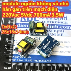module nguồn không vỏ nhỏ hàn gắn trên mạch điện 220Vac ra 5Vdc 700mA 12Vdc 300mA 3.5W kde9184
