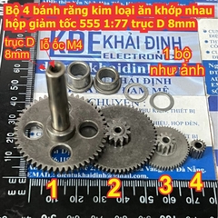 Bộ 4 bánh răng kim loại ăn khớp nhau trong hộp giảm tốc 555 tỉ lệ 1:77 trục D 8mm kde9221
