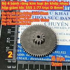 Bộ 4 bánh răng kim loại ăn khớp nhau trong hộp giảm tốc 555 tỉ lệ 1:77 trục D 8mm kde9221
