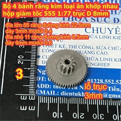 Bộ 4 bánh răng kim loại ăn khớp nhau trong hộp giảm tốc 555 tỉ lệ 1:77 trục D 8mm kde9221