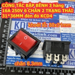 CÔNG TẮC BẬP BÊNH 3 hàng 16A 250V 6 / 9 CHÂN 2 TRẠNG THÁI 31*36MM đèn đỏ KCD4 kde9272