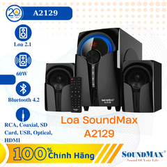 Loa Vi Tính SoundMax A-2129 (Loa 2.1/ 60W/ RCA/ USB/ SD Card/ BT 4.2/ Optical/ Coaxial/ HDMI/ Đen)