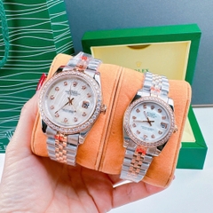 Rolex Đính Đá |Cặp Đôi |Mặt Trắng |Dây Kim Loại Demi Rose Gold |Máy Cơ (Automatic) |Size 41x31mm
