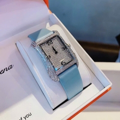 Davena Tựa Hermes |Nữ Giới |Full Đá Trắng Silver |Dây Da Xanh |Máy Pin (Máy Quartz) |Size 28x40mm